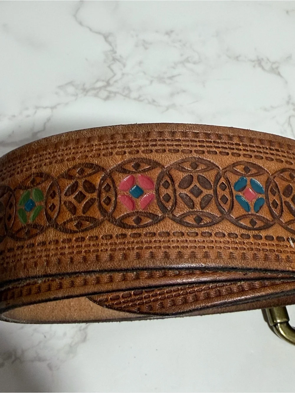 Fossil Brown Tooled Leather Women's Belt with Unique Design and Brass Buckle - S